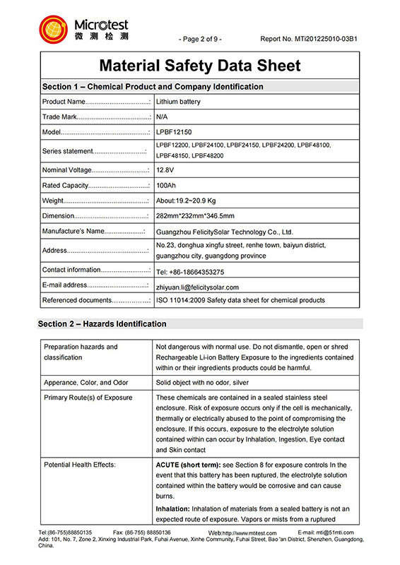 LPBF-Serie, Sicherheitsdatenblatt